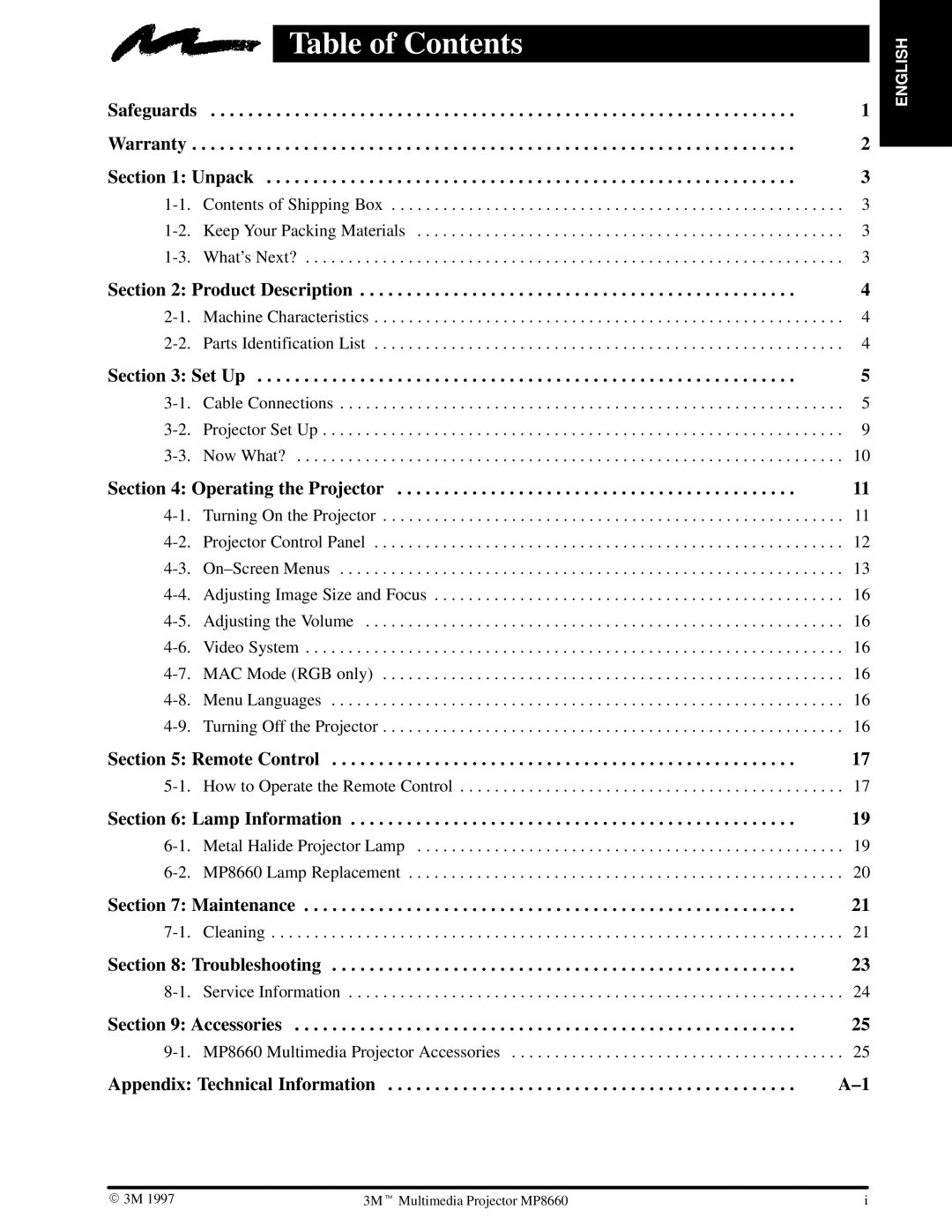 3M MP8660 manual Table of Contents 