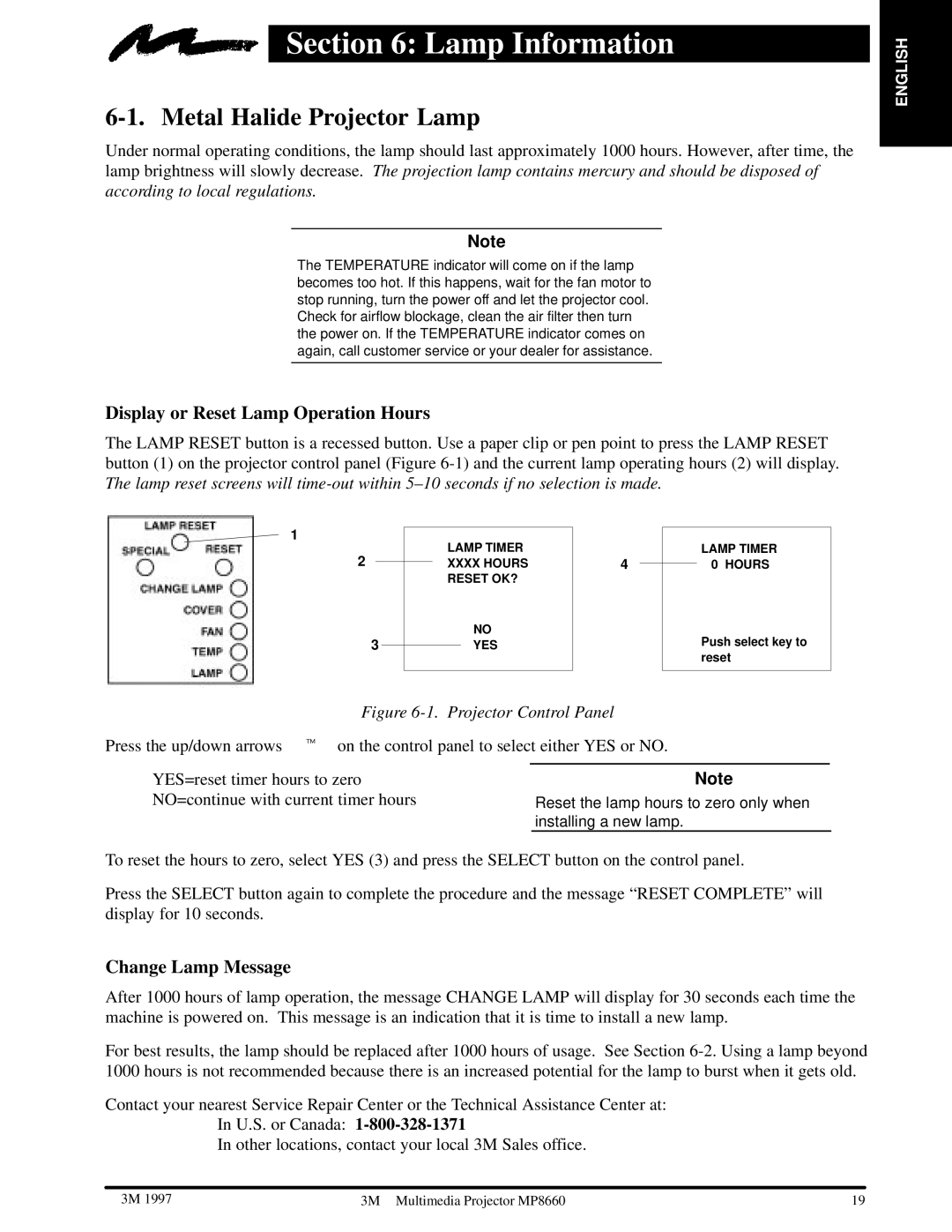 3M MP8660 manual Lamp Information, Metal Halide Projector Lamp, Display or Reset Lamp Operation Hours, Change Lamp Message 