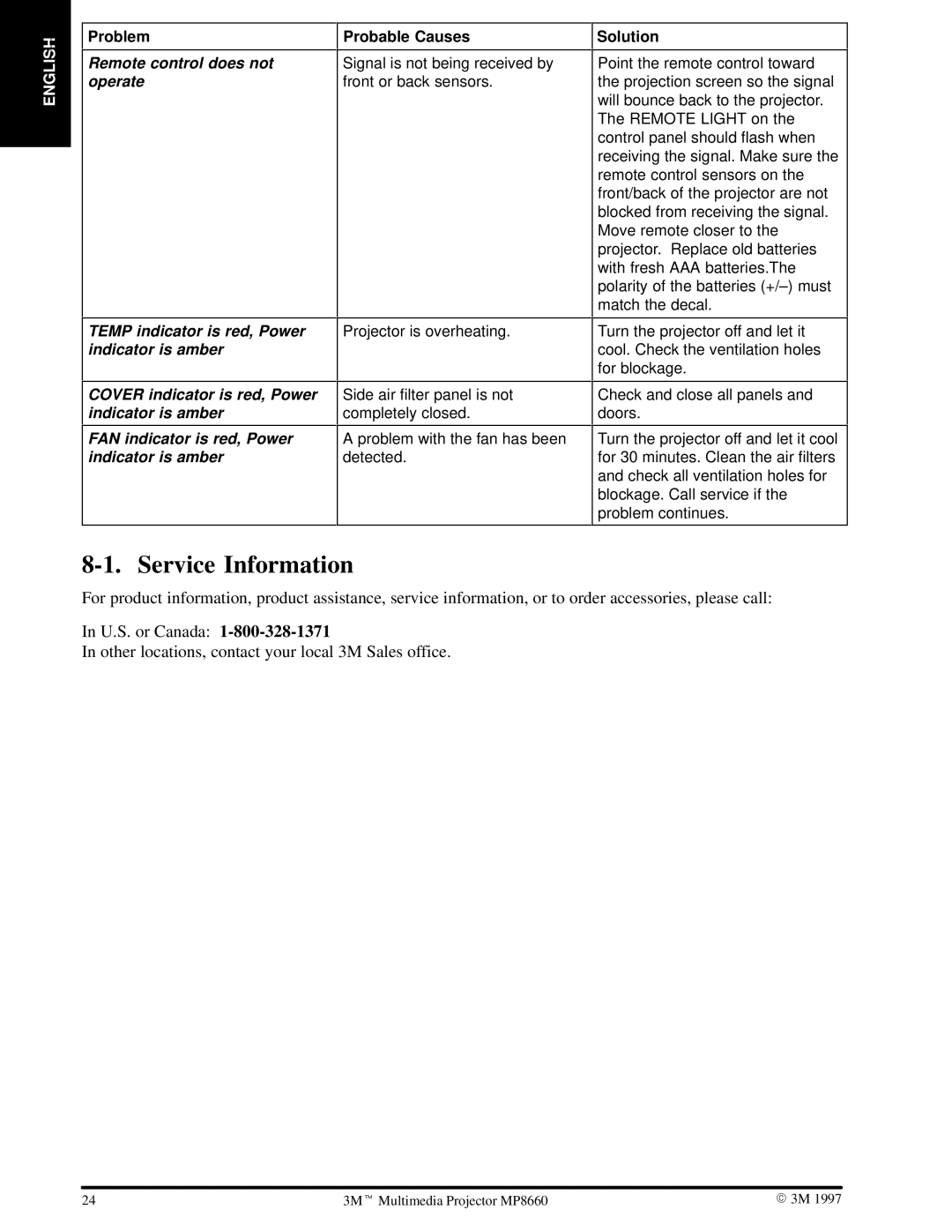 3M MP8660 manual Service Information 