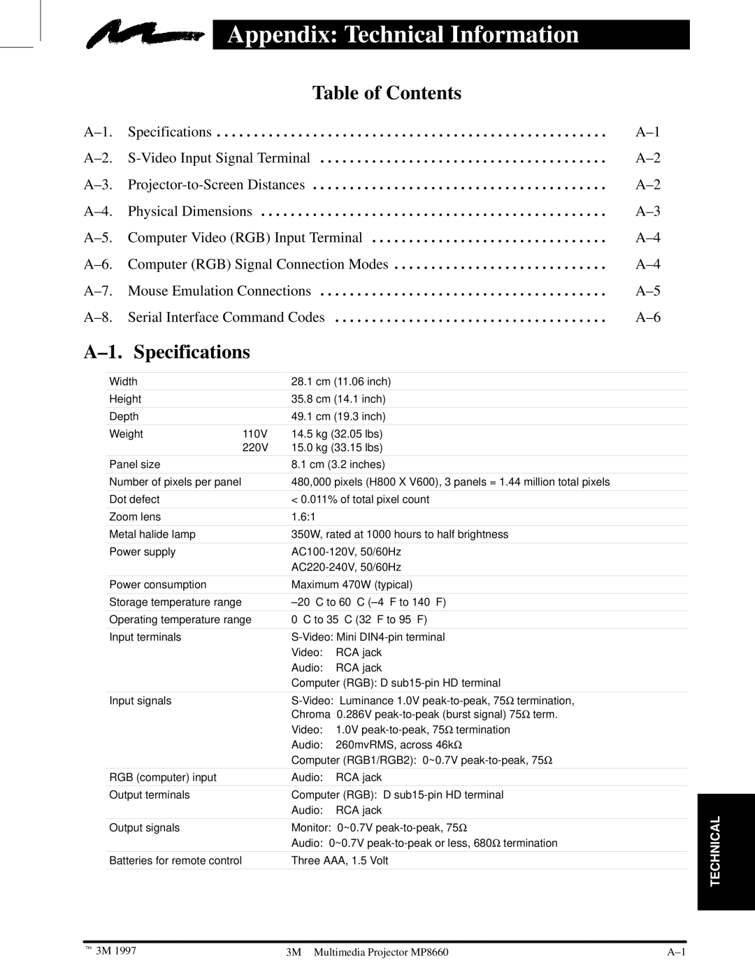 3M MP8660 manual Appendix Technical Information, Table of Contents, ±1. Specifications 