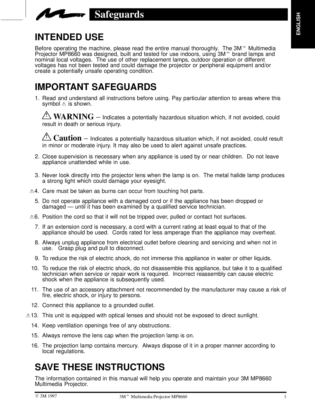 3M MP8660 manual Safeguards, Intended USE 