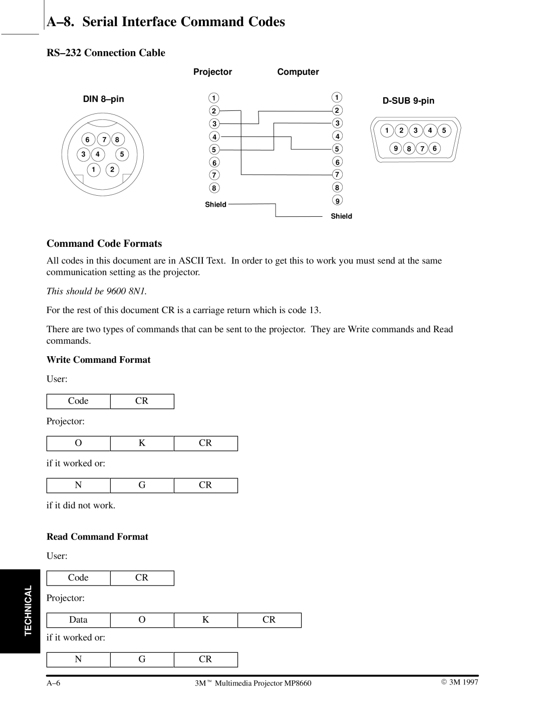 3M MP8660 manual ±8. Serial Interface Command Codes, RS±232 Connection Cable, Command Code Formats 