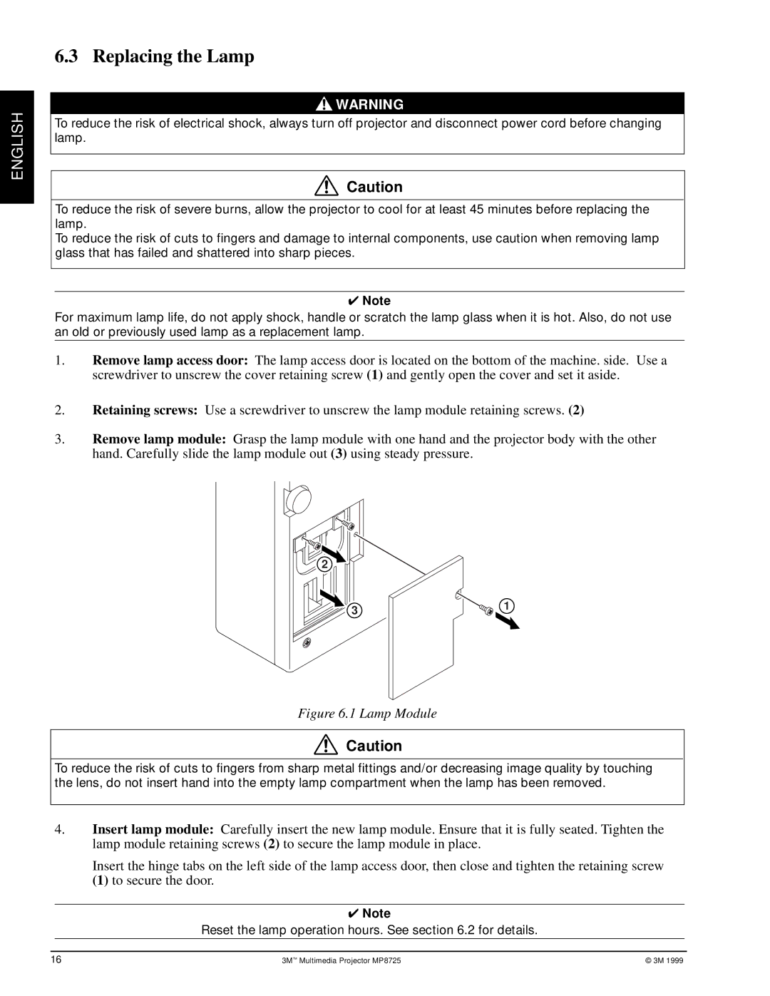 3M MP8725 manual Replacing the Lamp, Lamp Module 