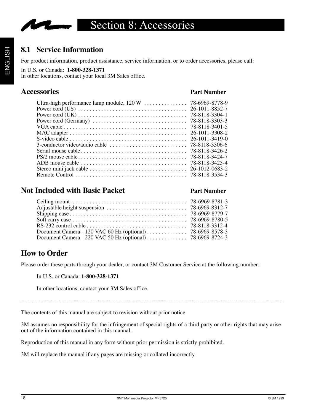 3M MP8725 manual Accessories, Service Information, Not Included with Basic Packet, How to Order 