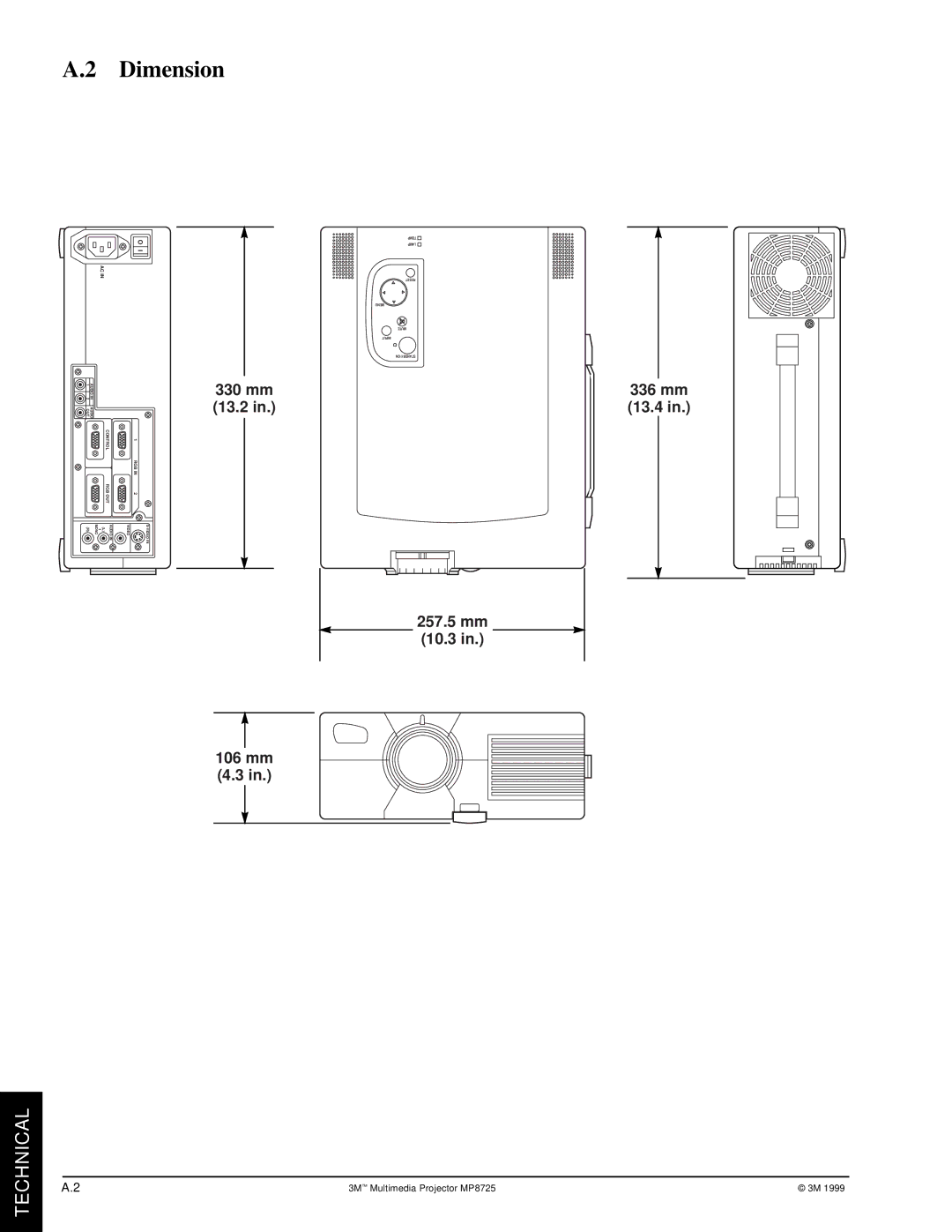 3M MP8725 manual Dimension 