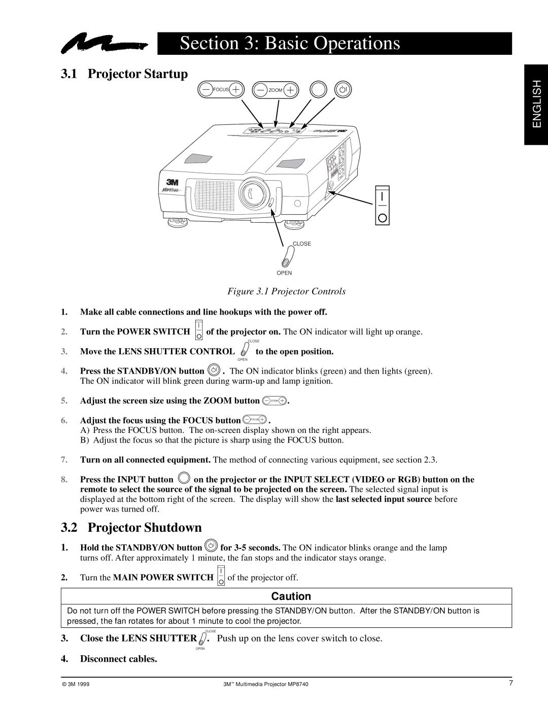 3M MP8740 manual Basic Operations, Projector Startup, Projector Shutdown 