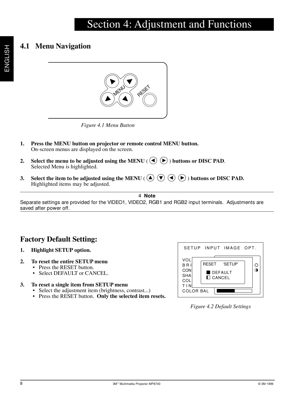 3M MP8740 manual Adjustment and Functions, Menu Navigation, Factory Default Setting 