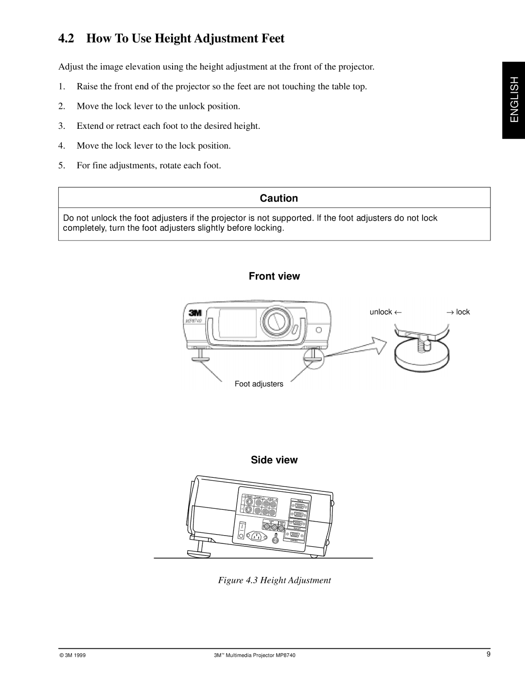 3M MP8740 manual How To Use Height Adjustment Feet 