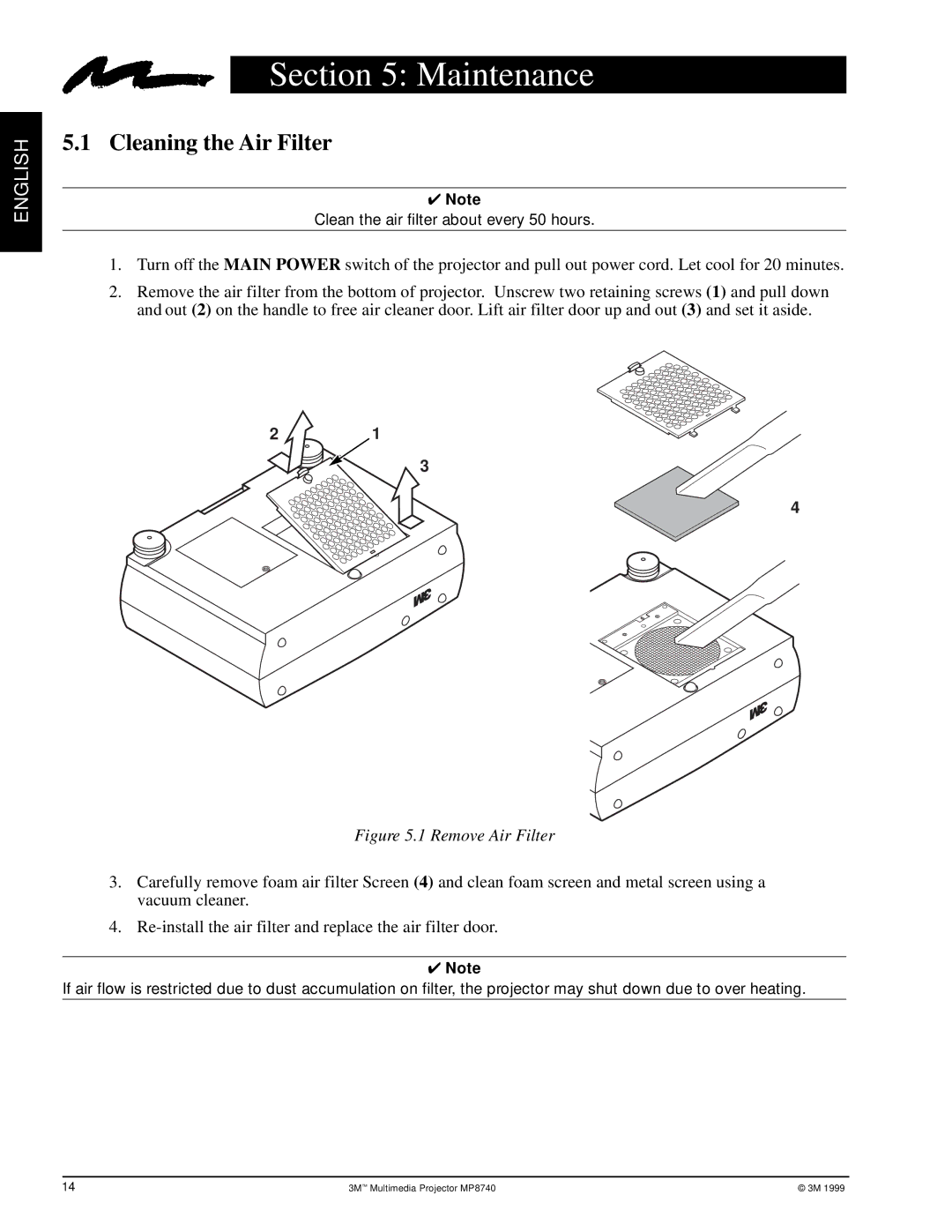 3M MP8740 manual Maintenance, Cleaning the Air Filter 