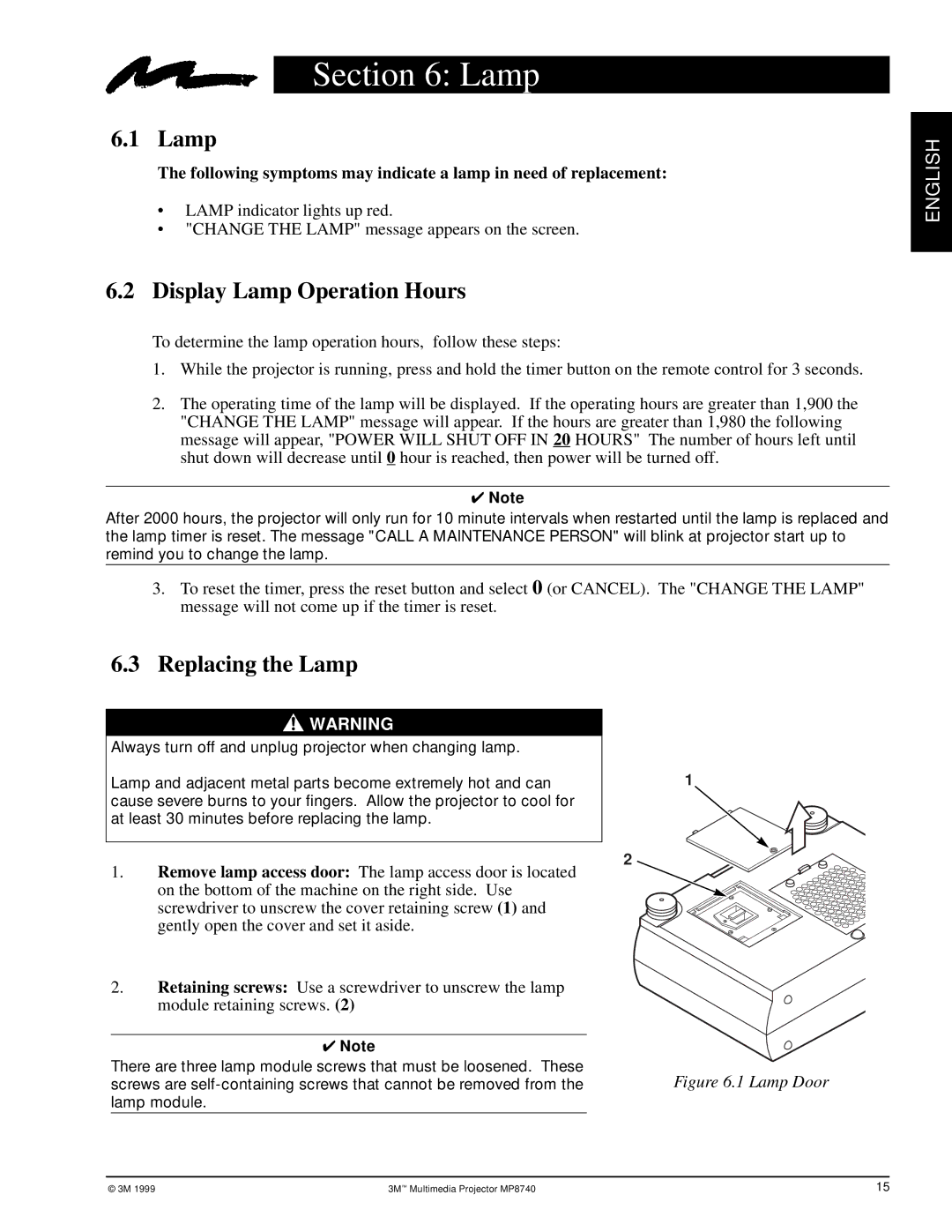 3M MP8740 manual Display Lamp Operation Hours, Replacing the Lamp 