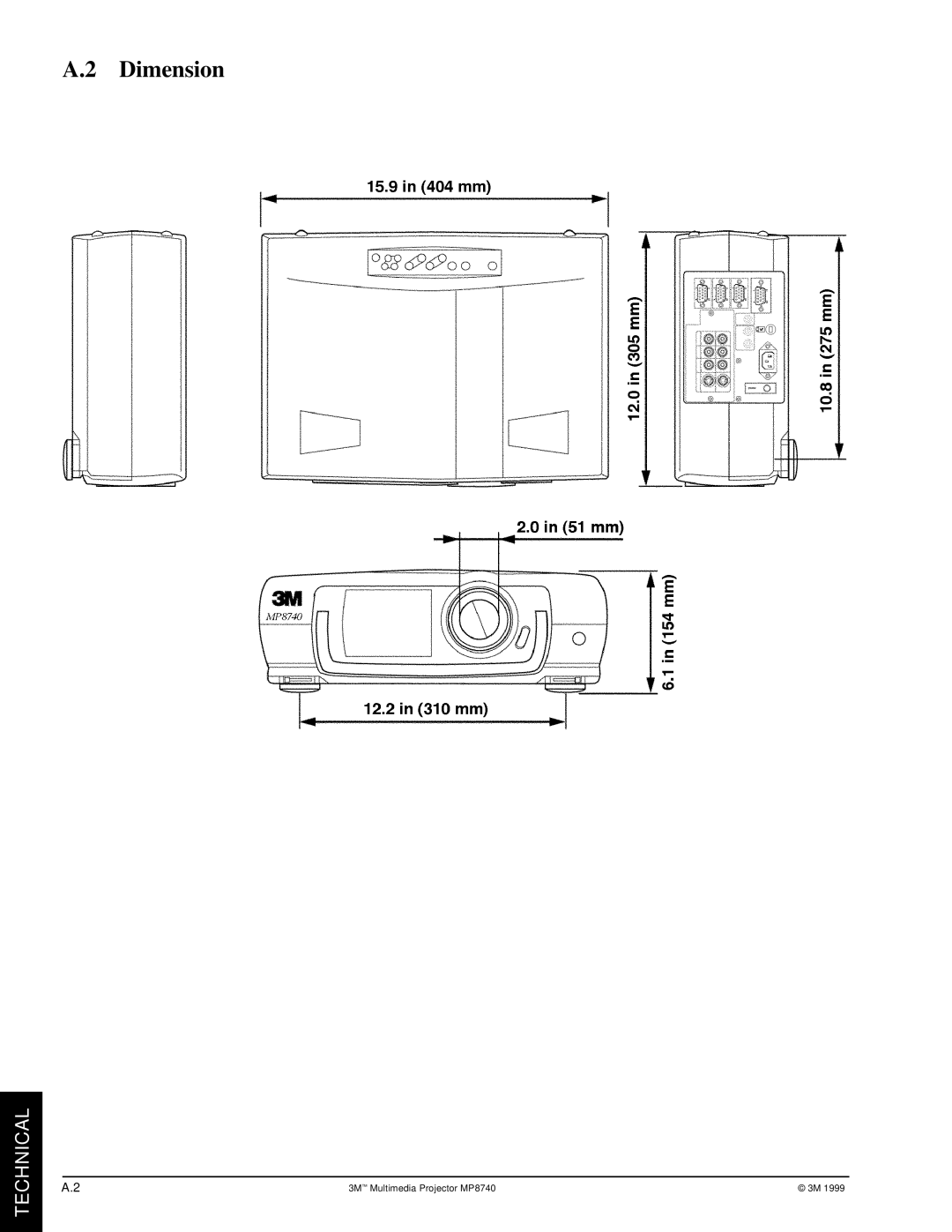 3M MP8740 manual Dimension 