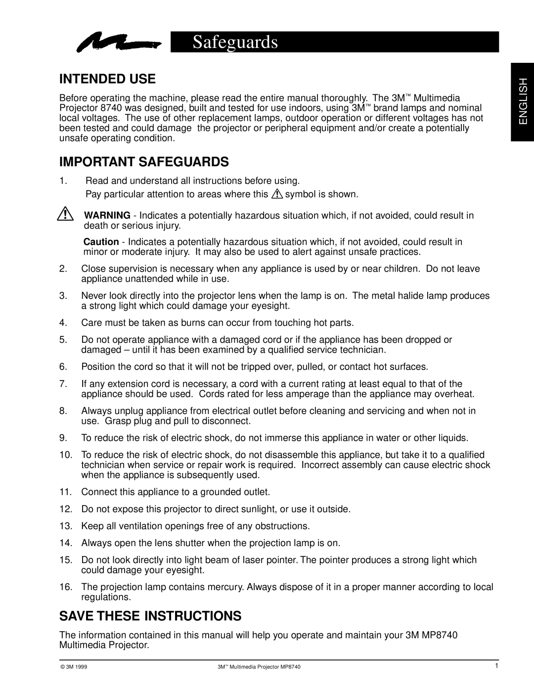 3M MP8740 manual Safeguards, Intended USE 