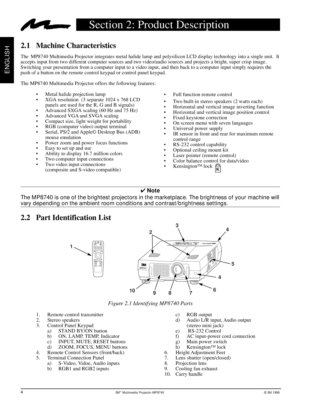 3M MP8740 manual Product Description, Machine Characteristics, Part Identification List 