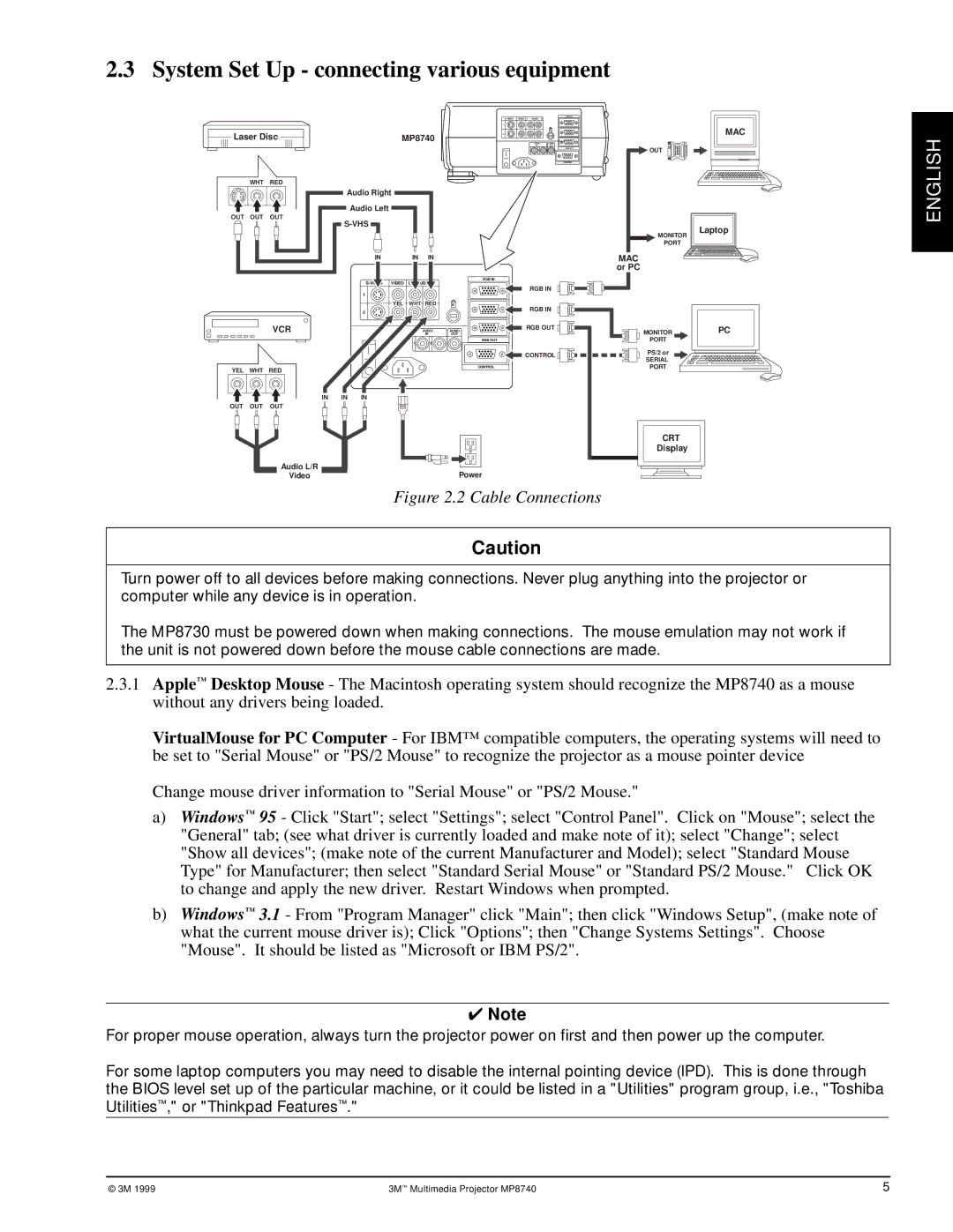 3M MP8740 manual System Set Up connecting various equipment, English 