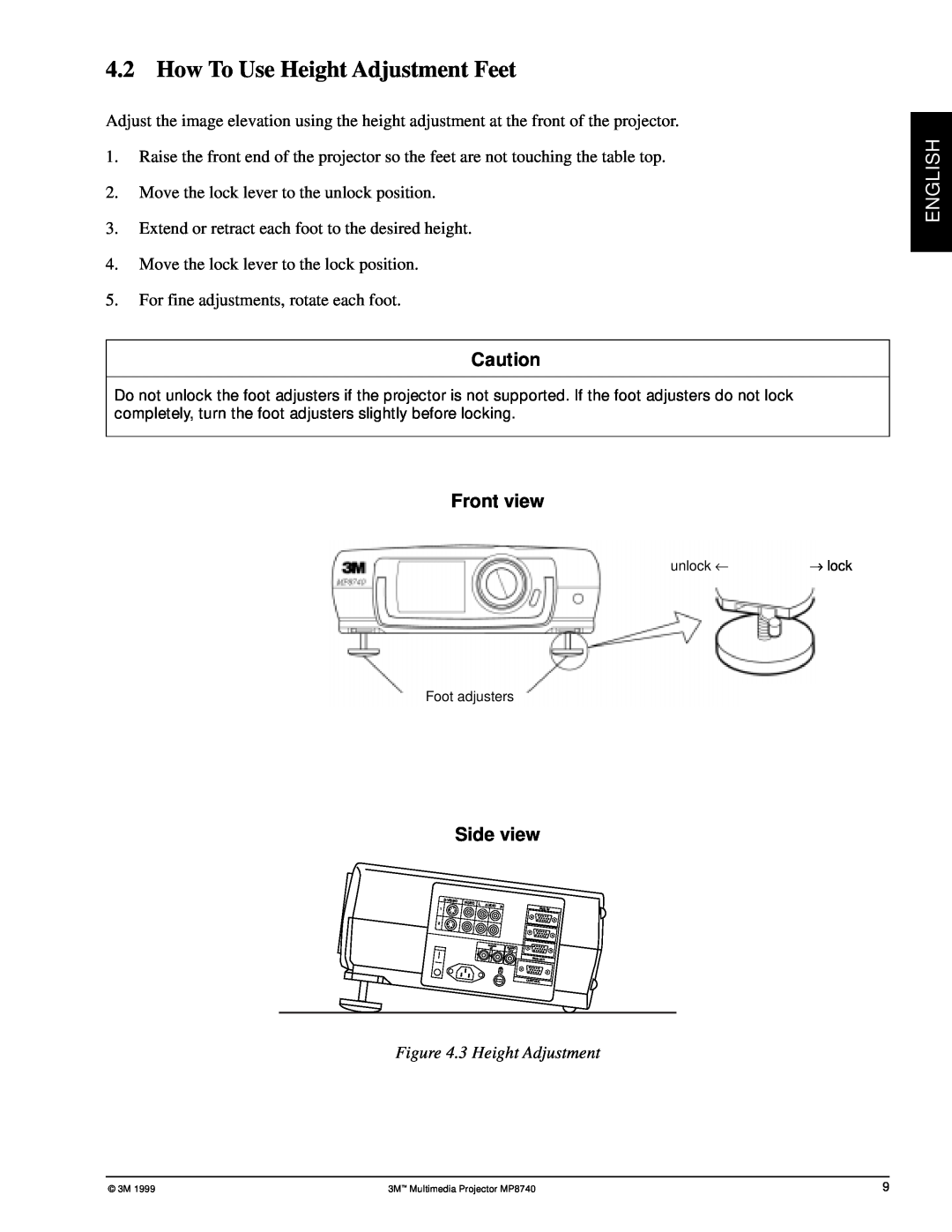 3M MP8740 manual How To Use Height Adjustment Feet, Front view, Side view, English, 3 Height Adjustment 
