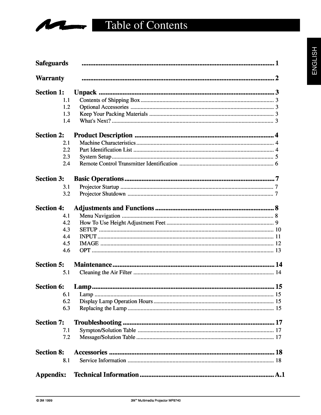 3M MP8740 manual Table of Contents, English 