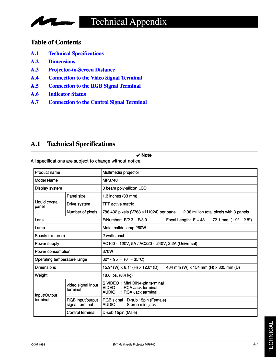 3M MP8740 manual Technical Appendix, Table of Contents, A.1 Technical Specifications A.2 Dimensions 