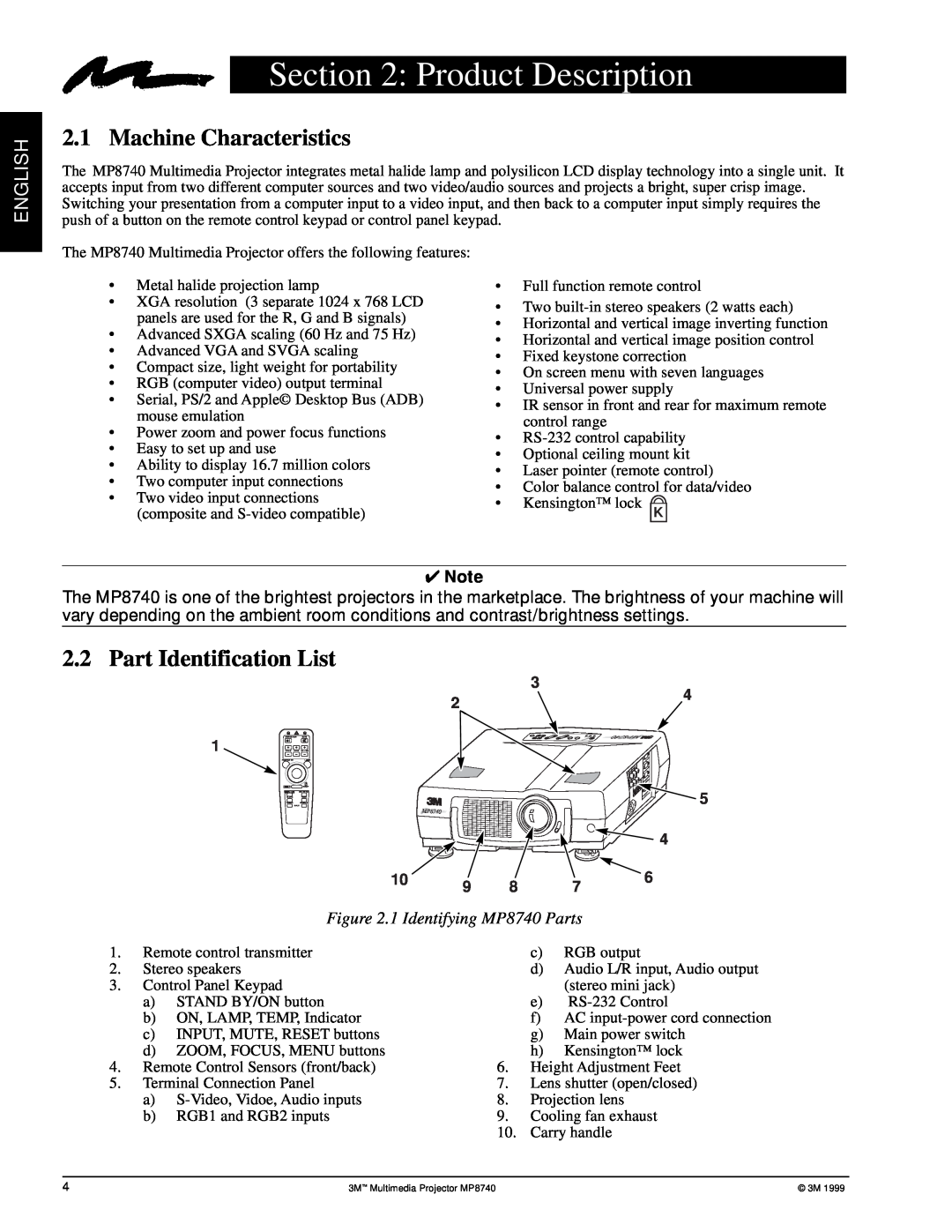 3M manual Product Description, Machine Characteristics, Part Identification List, English, 1 Identifying MP8740 Parts 