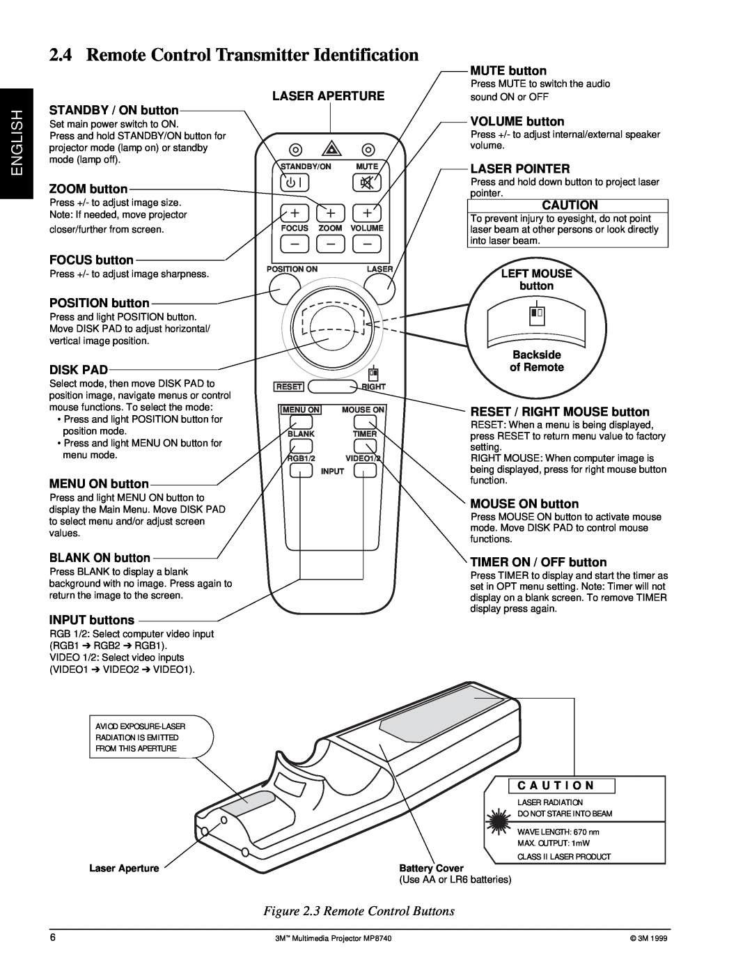 3M MP8740 manual Remote Control Transmitter Identification, English, 3 Remote Control Buttons 