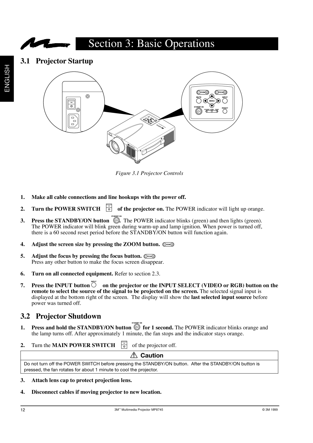 3M MP8745 manual Basic Operations, Projector Startup, Projector Shutdown 