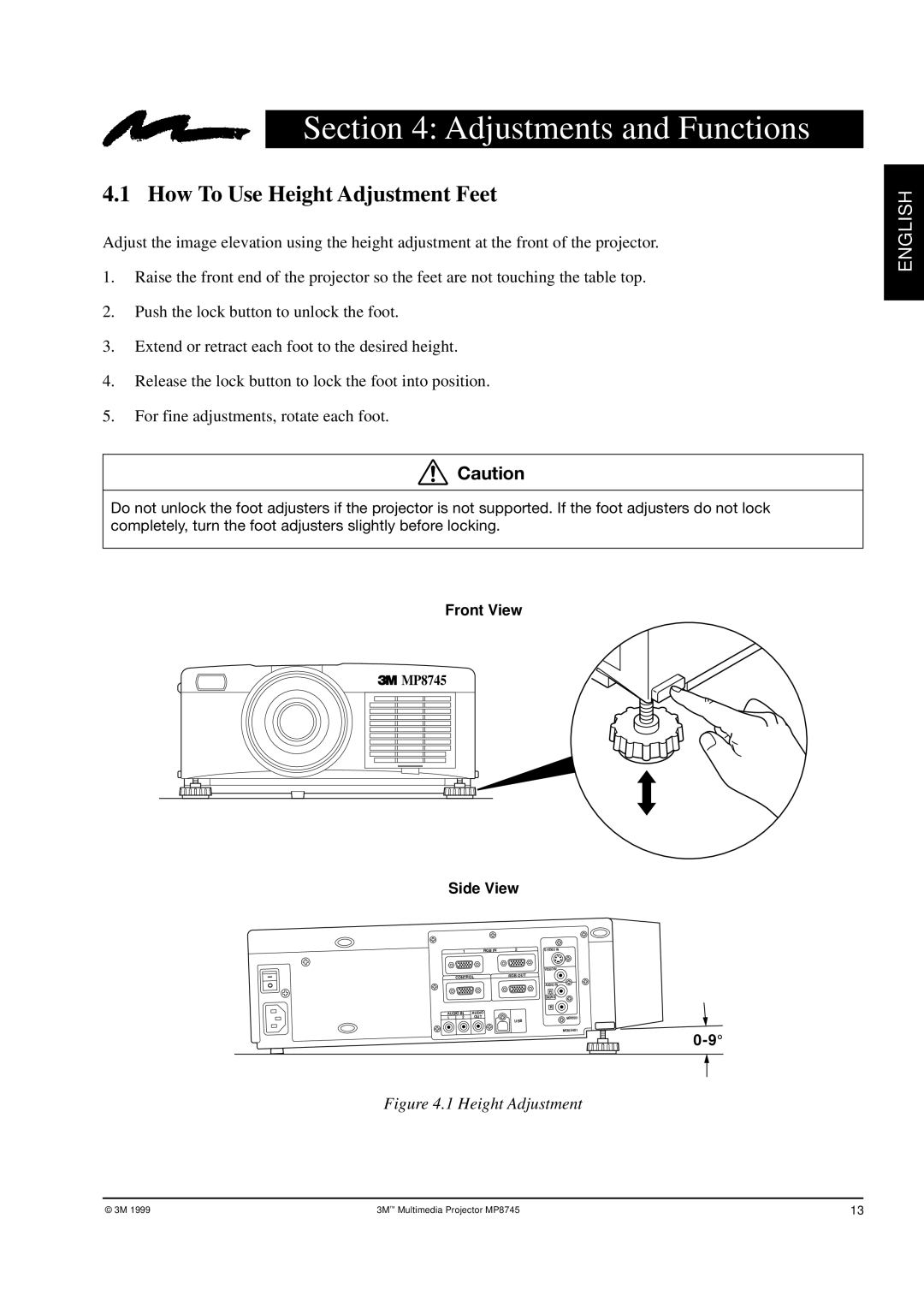 3M MP8745 manual Adjustments and Functions, How To Use Height Adjustment Feet 