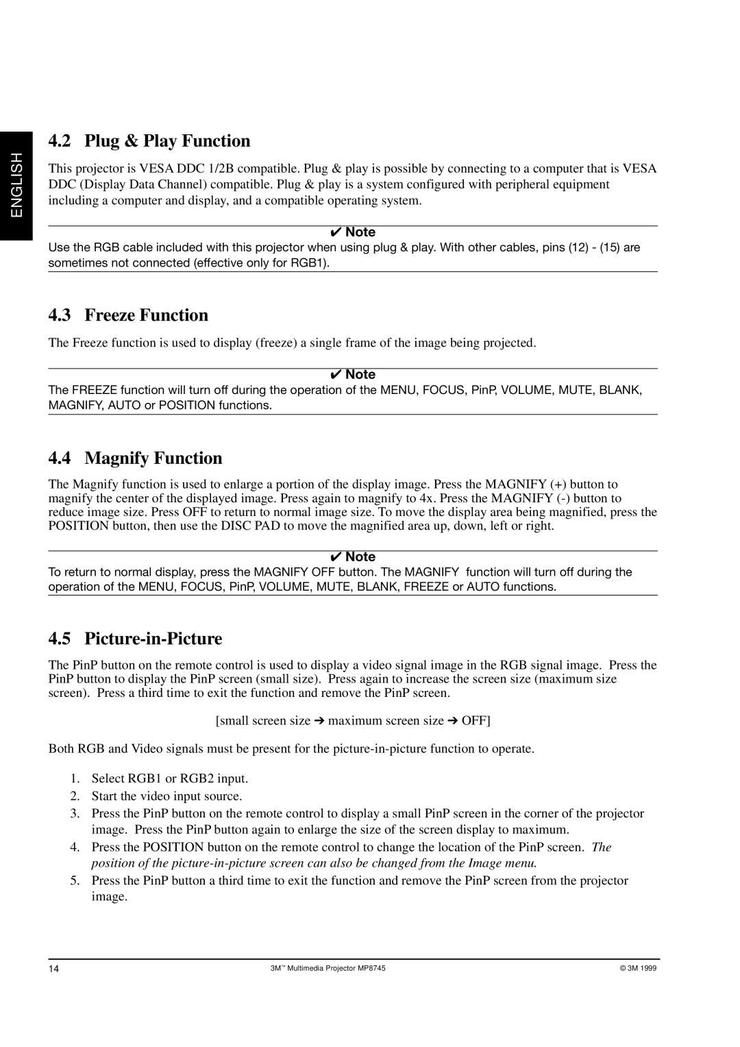 3M MP8745 manual Plug & Play Function, Freeze Function, Magnify Function, Picture-in-Picture 