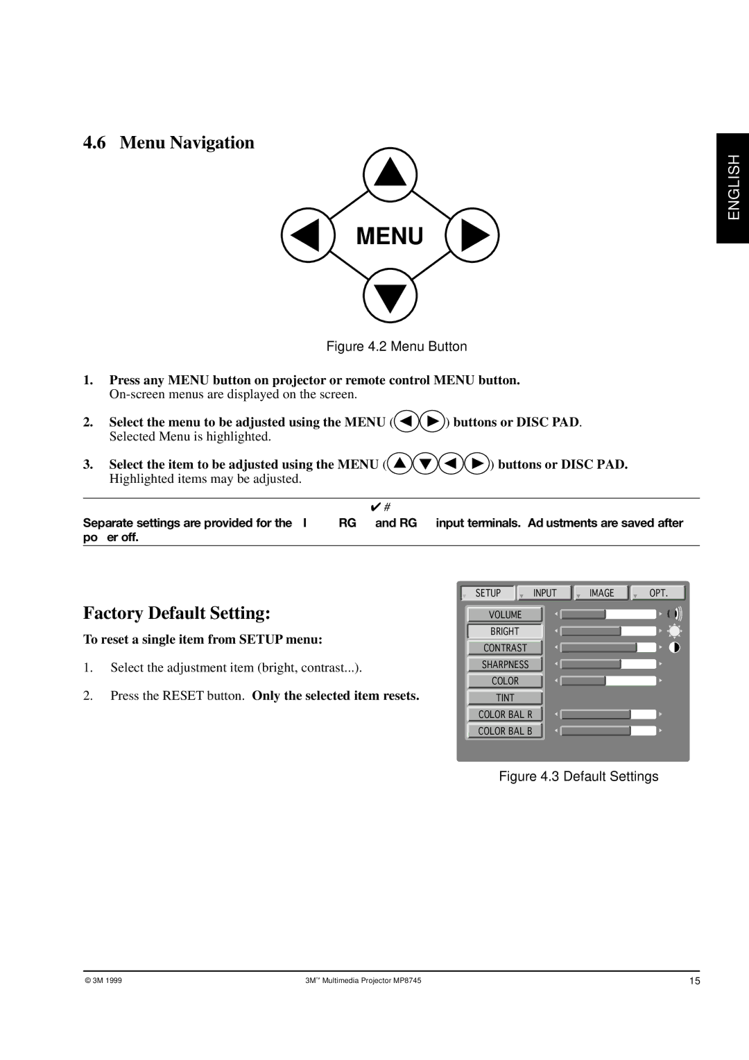 3M MP8745 manual Menu Navigation, Factory Default Setting 