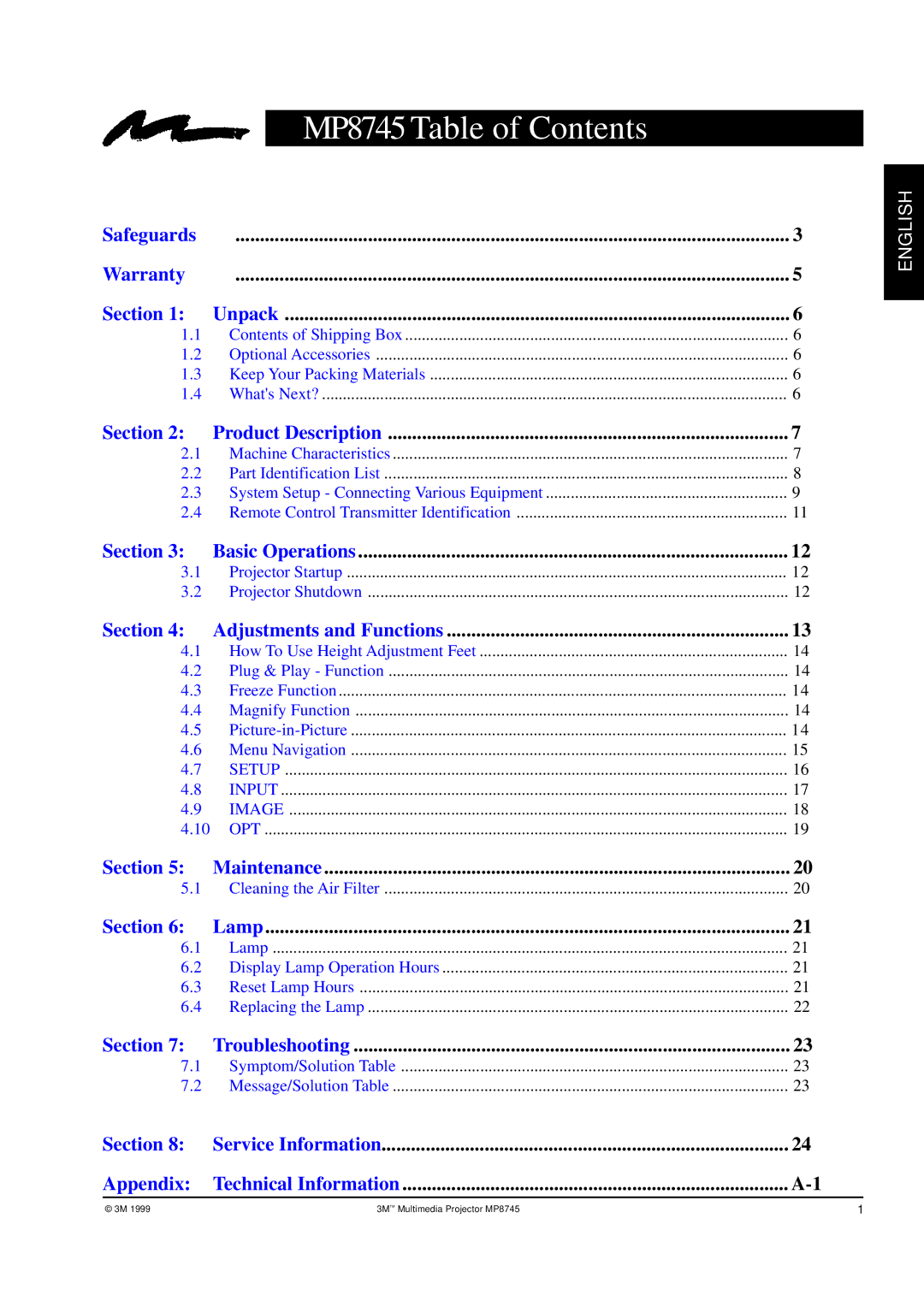 3M manual MP8745 Table of Contents 