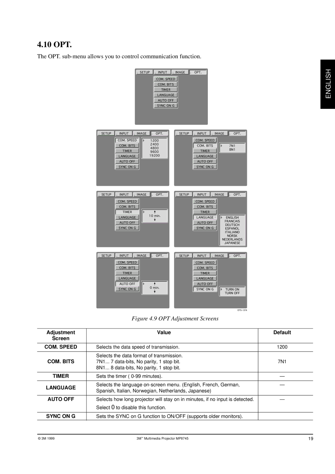 3M MP8745 manual 10 OPT, OPT. sub-menu allows you to control communication function 