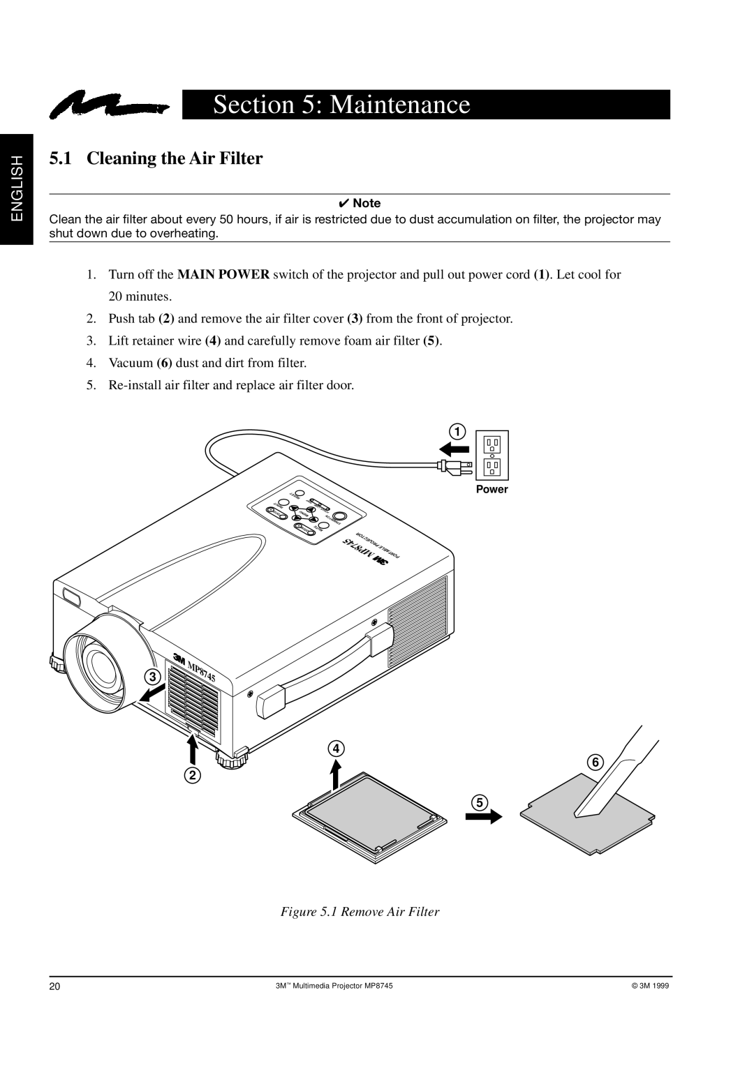 3M MP8745 manual Maintenance, Cleaning the Air Filter 