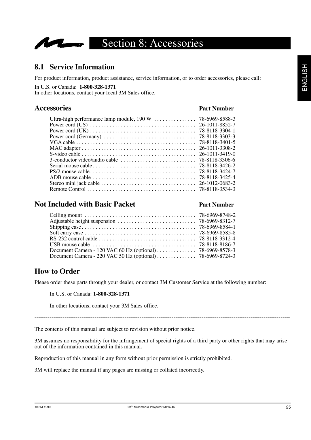 3M MP8745 manual Accessories, Service Information, Not Included with Basic Packet, How to Order 