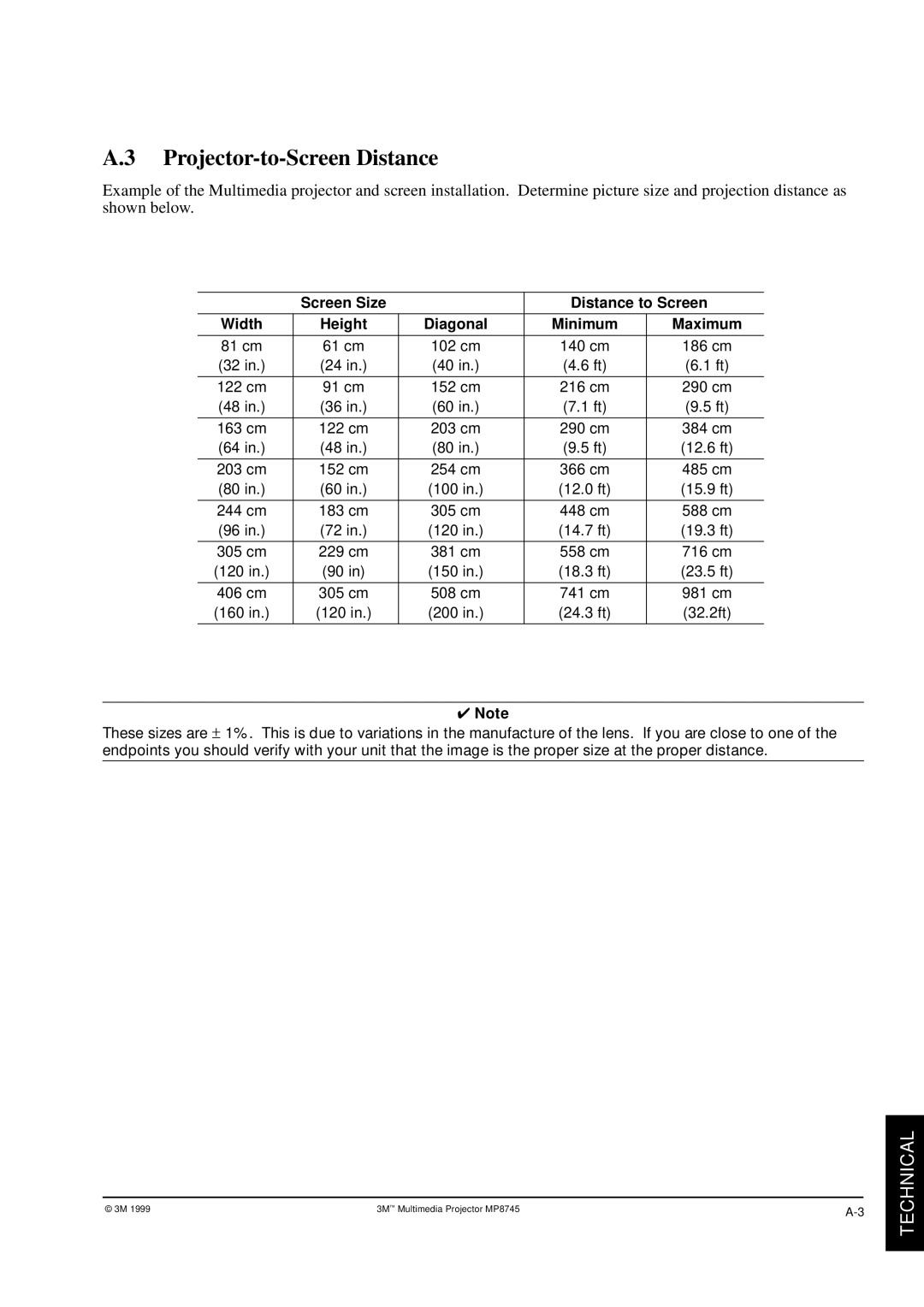 3M MP8745 manual Projector-to-Screen Distance, Screen Size Distance to Screen Width 