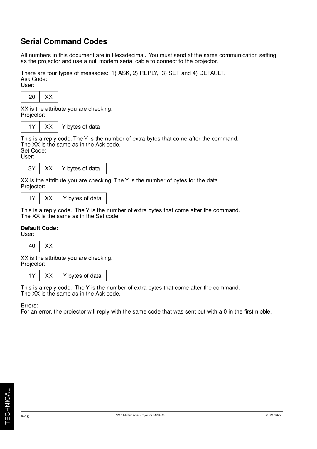 3M MP8745 manual Serial Command Codes 