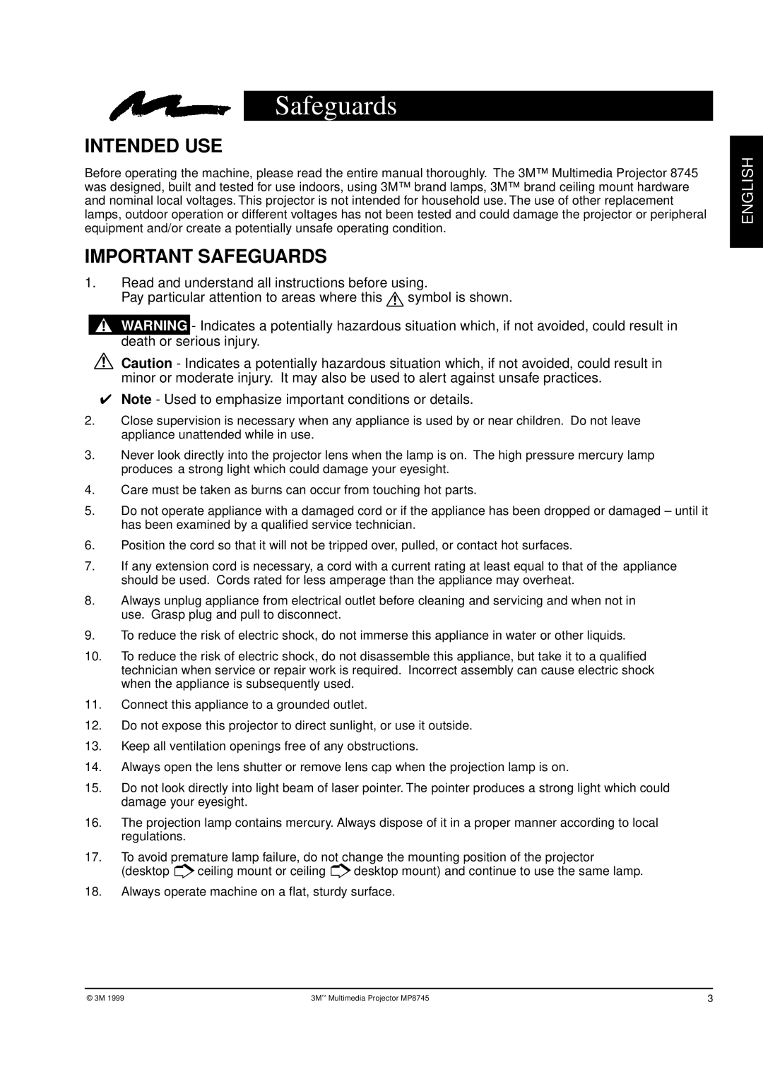 3M MP8745 manual Safeguards, Intended USE 