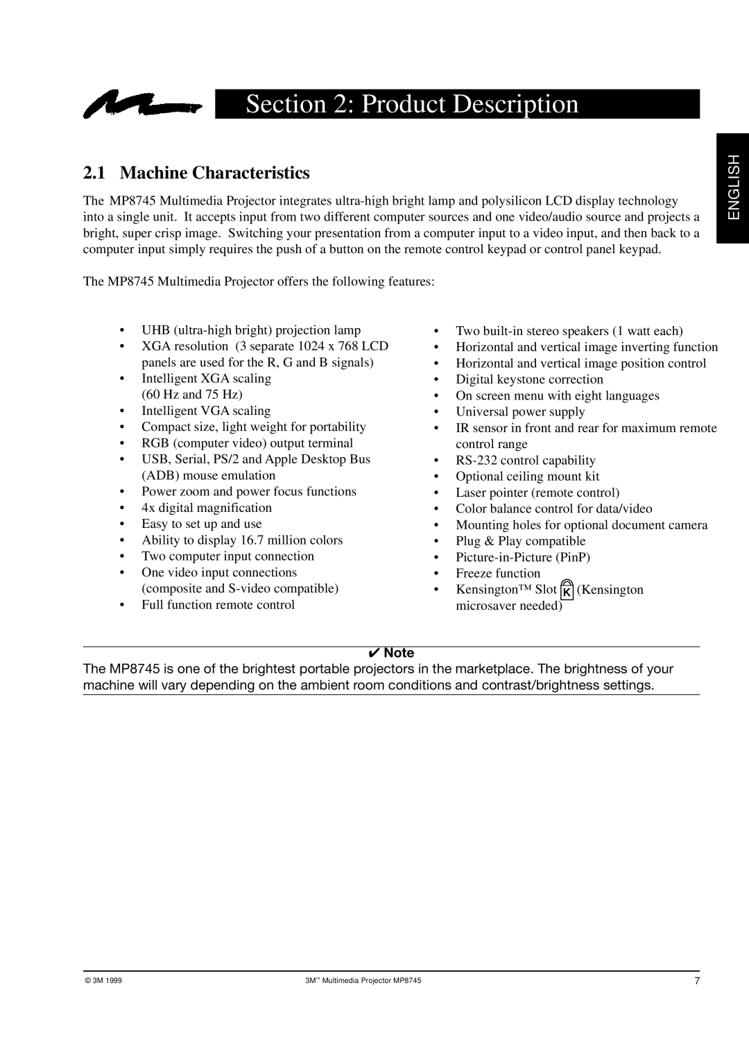 3M MP8745 manual Product Description, Machine Characteristics 