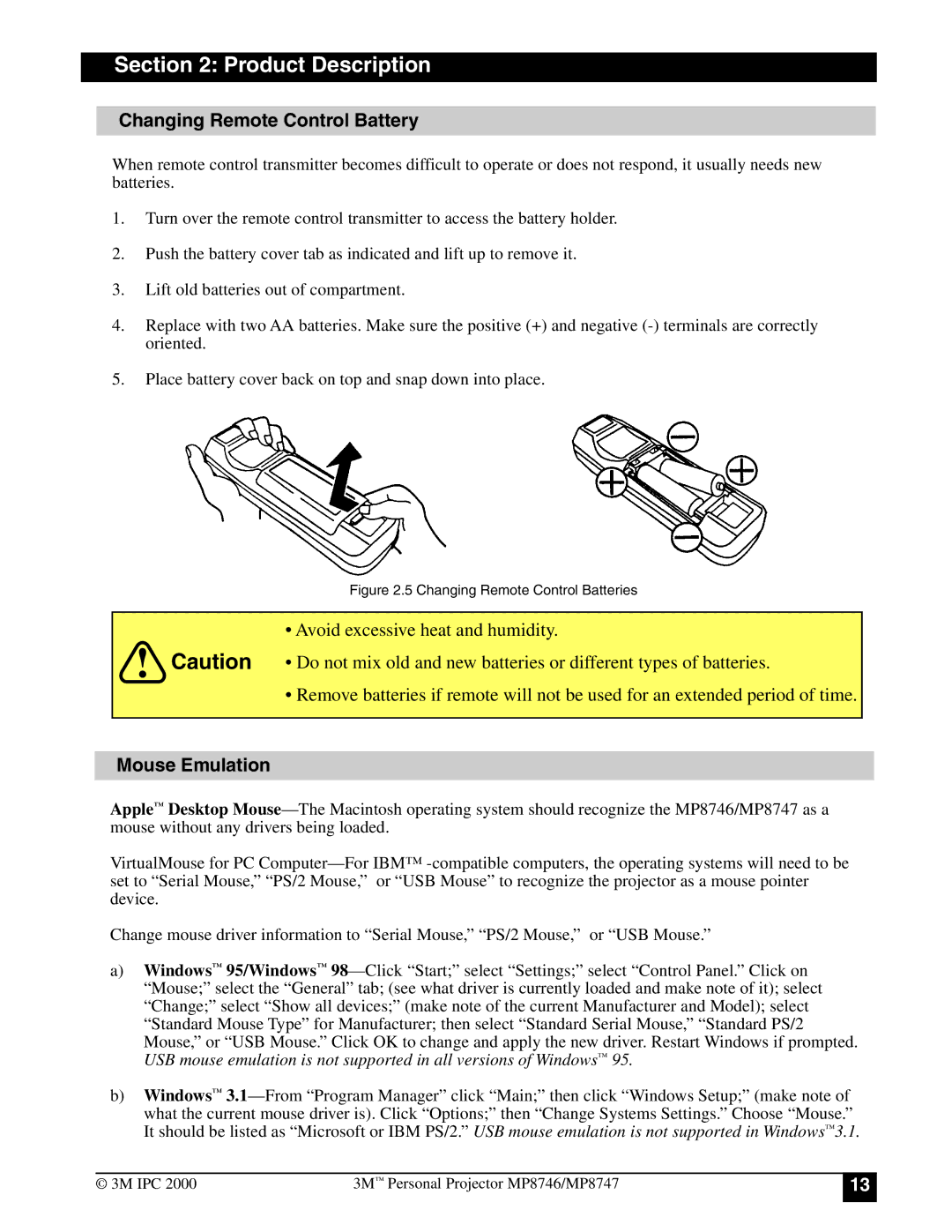 3M MP8746, MP8747 manual Changing Remote Control Battery, Mouse Emulation 