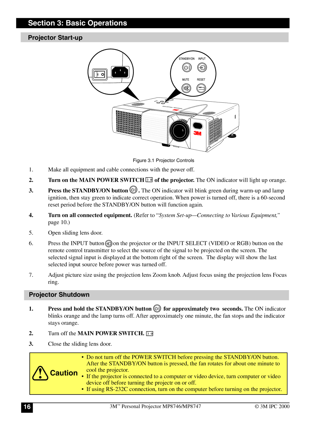 3M MP8747, MP8746 manual Basic Operations, Projector Start-up, Projector Shutdown 