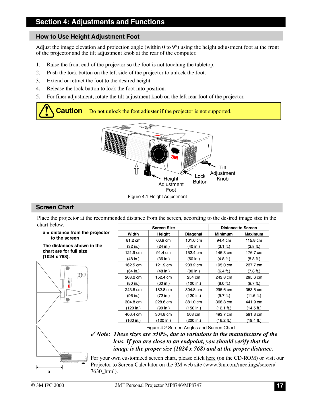 3M MP8746, MP8747 manual Adjustments and Functions, How to Use Height Adjustment Foot, Screen Chart 