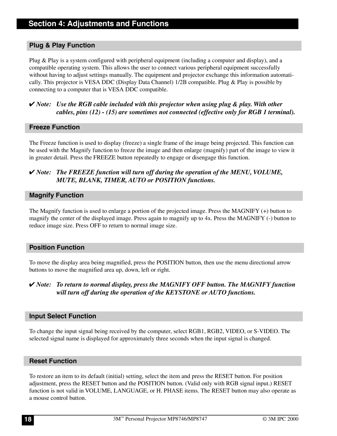 3M MP8747, MP8746 manual Plug & Play Function, Freeze Function, Magnify Function, Position Function, Input Select Function 