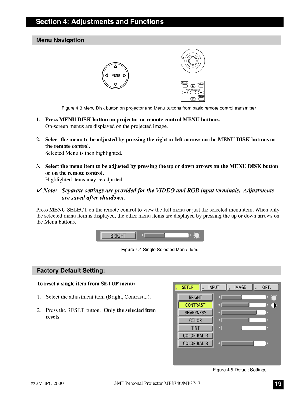 3M MP8746, MP8747 manual Menu Navigation, Factory Default Setting 