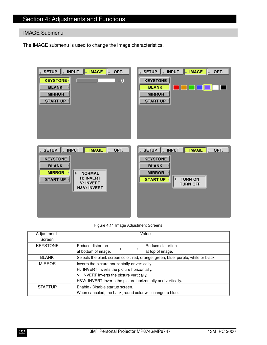 3M MP8747, MP8746 manual Opt, Image Submenu 