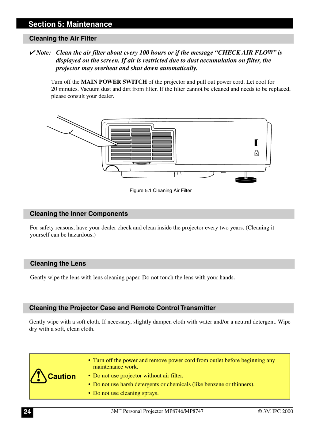 3M MP8747, MP8746 manual Maintenance, Cleaning the Air Filter, Cleaning the Inner Components, Cleaning the Lens 