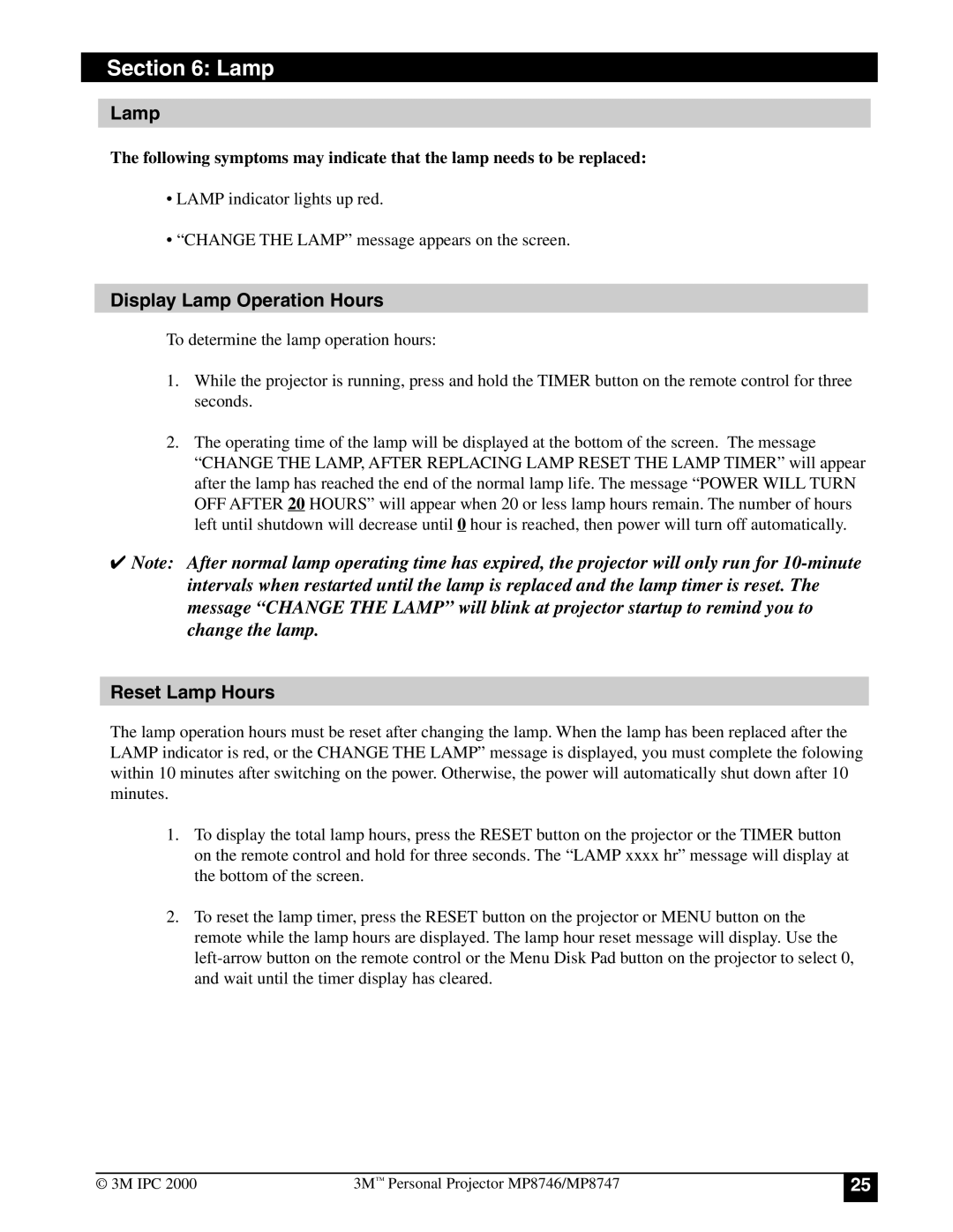 3M MP8746, MP8747 manual Display Lamp Operation Hours, Reset Lamp Hours 