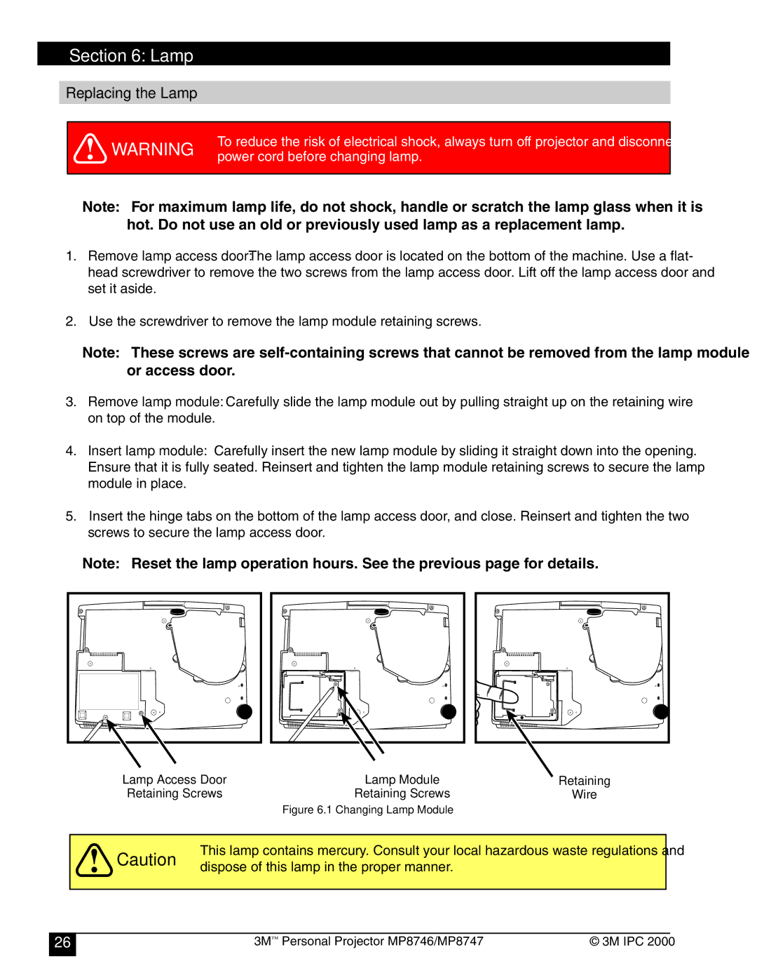 3M MP8747, MP8746 manual Replacing the Lamp, Power cord before changing lamp 