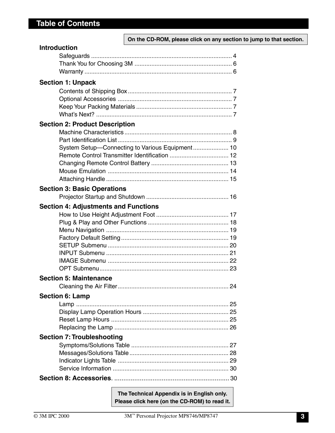 3M MP8746, MP8747 manual Table of Contents 