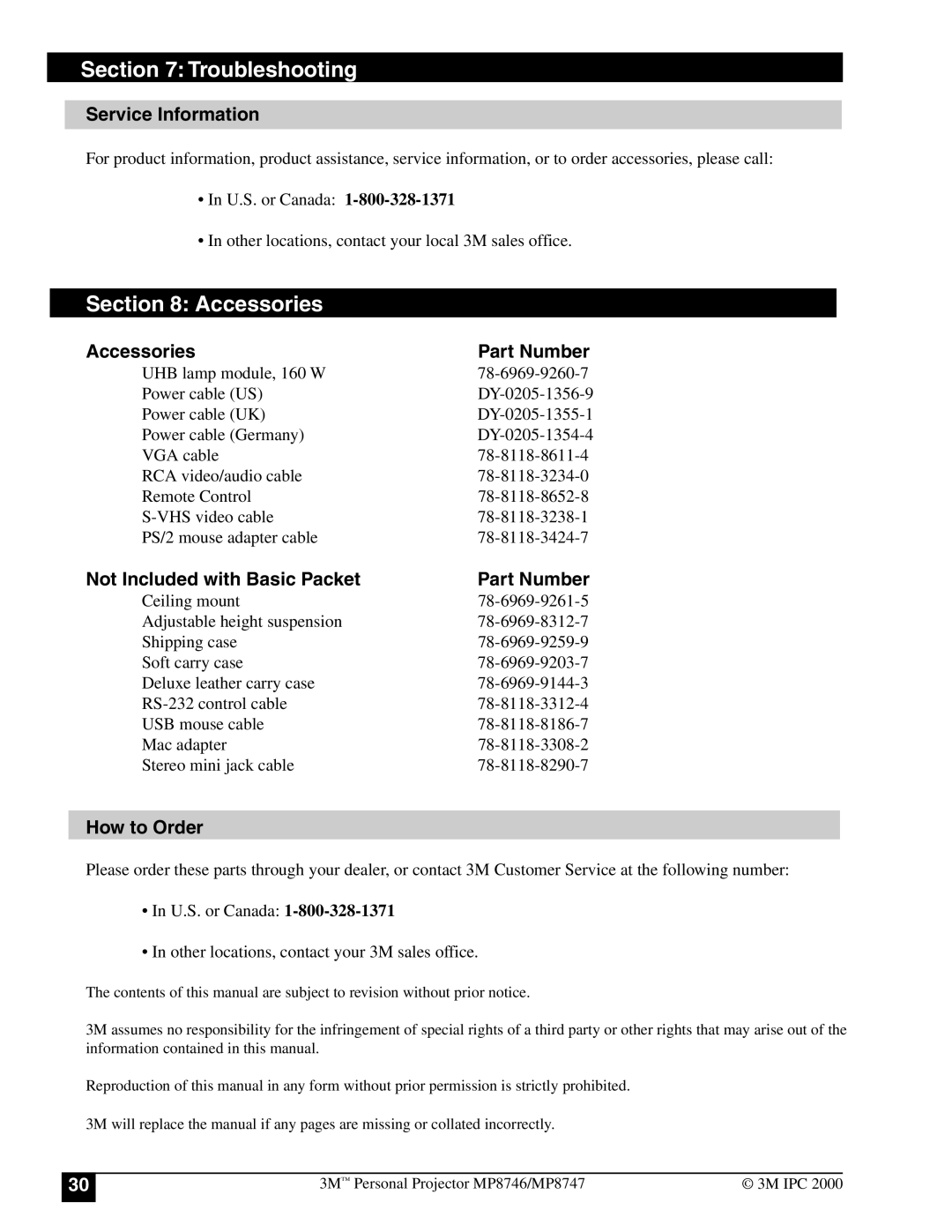 3M MP8747 manual Service Information, Accessories Part Number, Not Included with Basic Packet Part Number, How to Order 