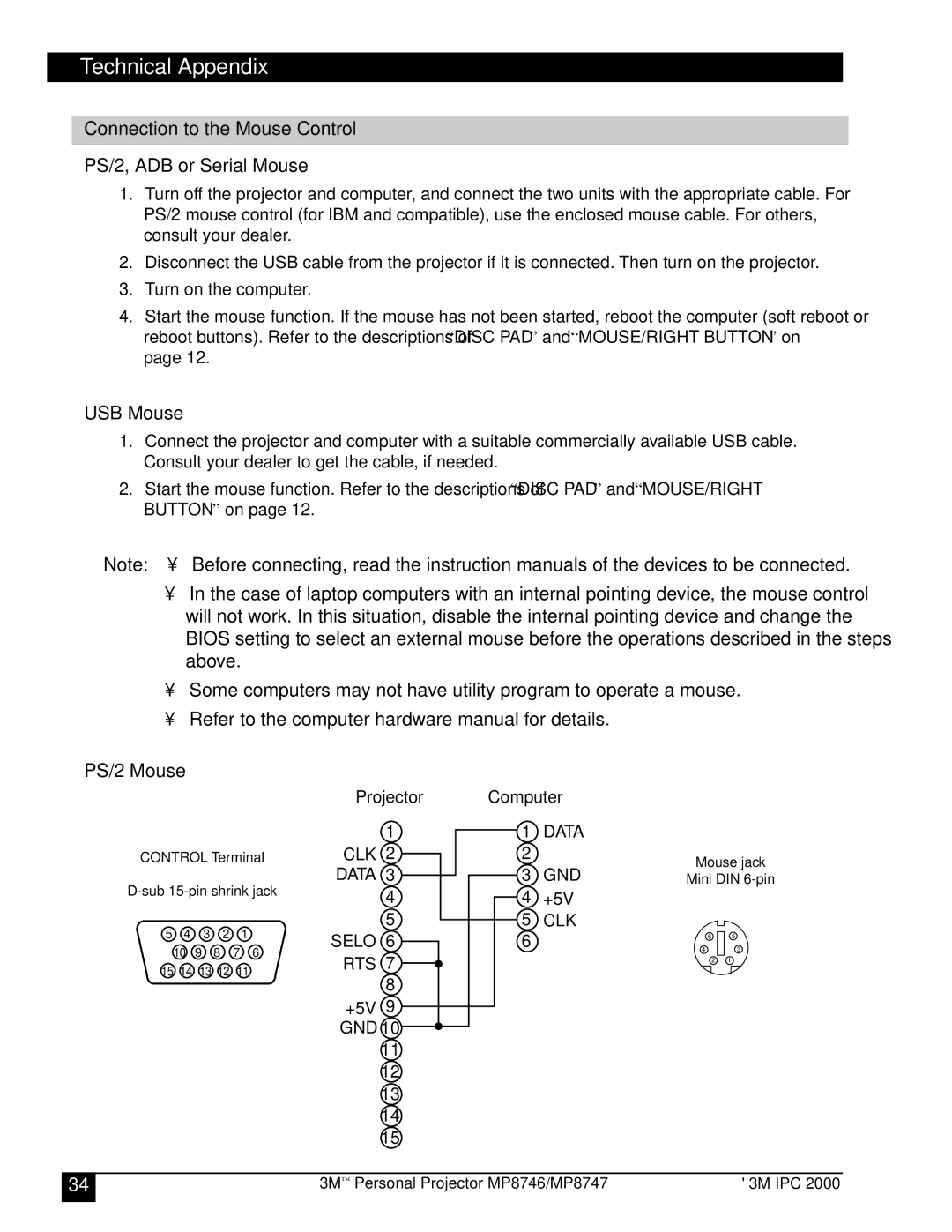 3M MP8747, MP8746 manual Connection to the Mouse Control PS/2, ADB or Serial Mouse, USB Mouse, PS/2 Mouse 