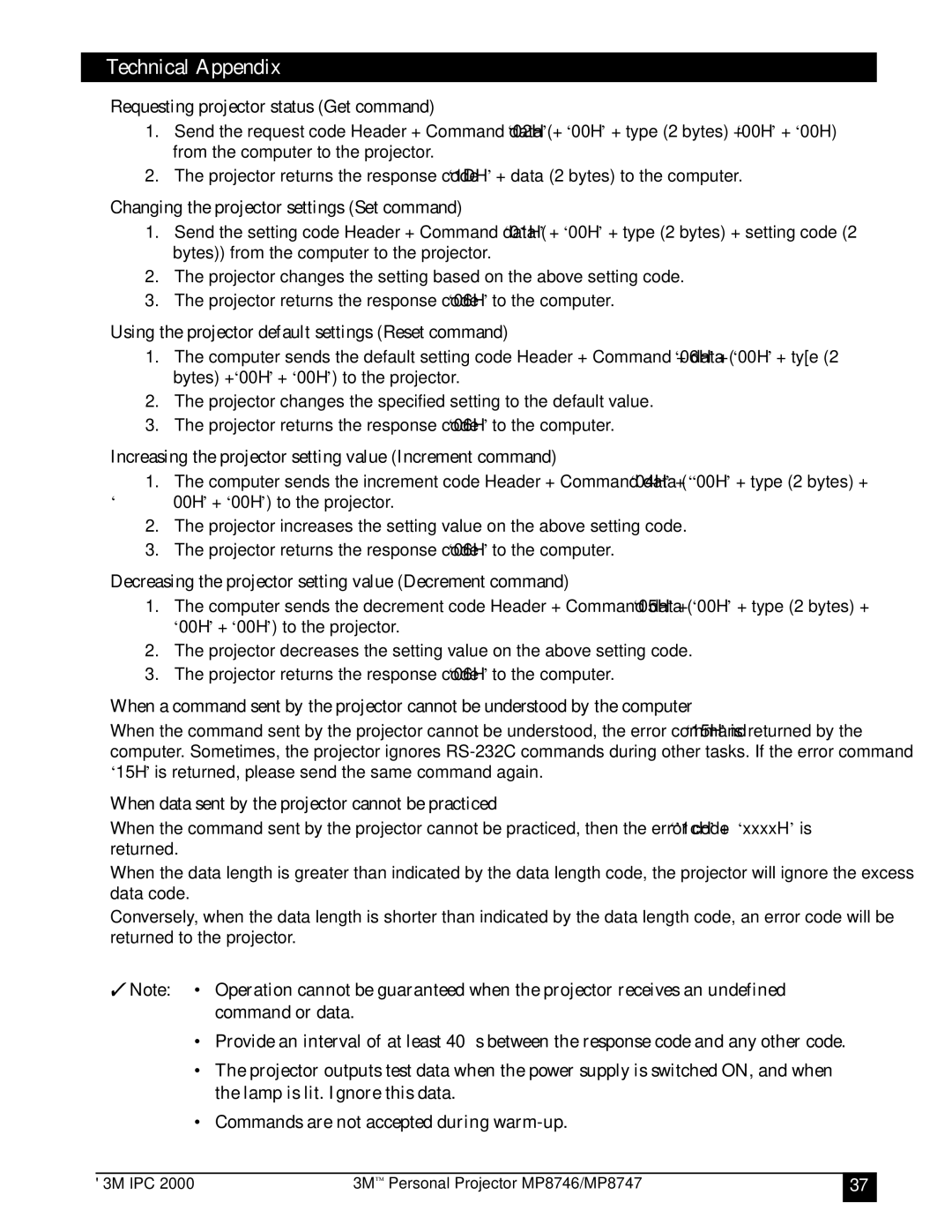 3M MP8746, MP8747 manual Requesting projector status Get command, Changing the projector settings Set command 