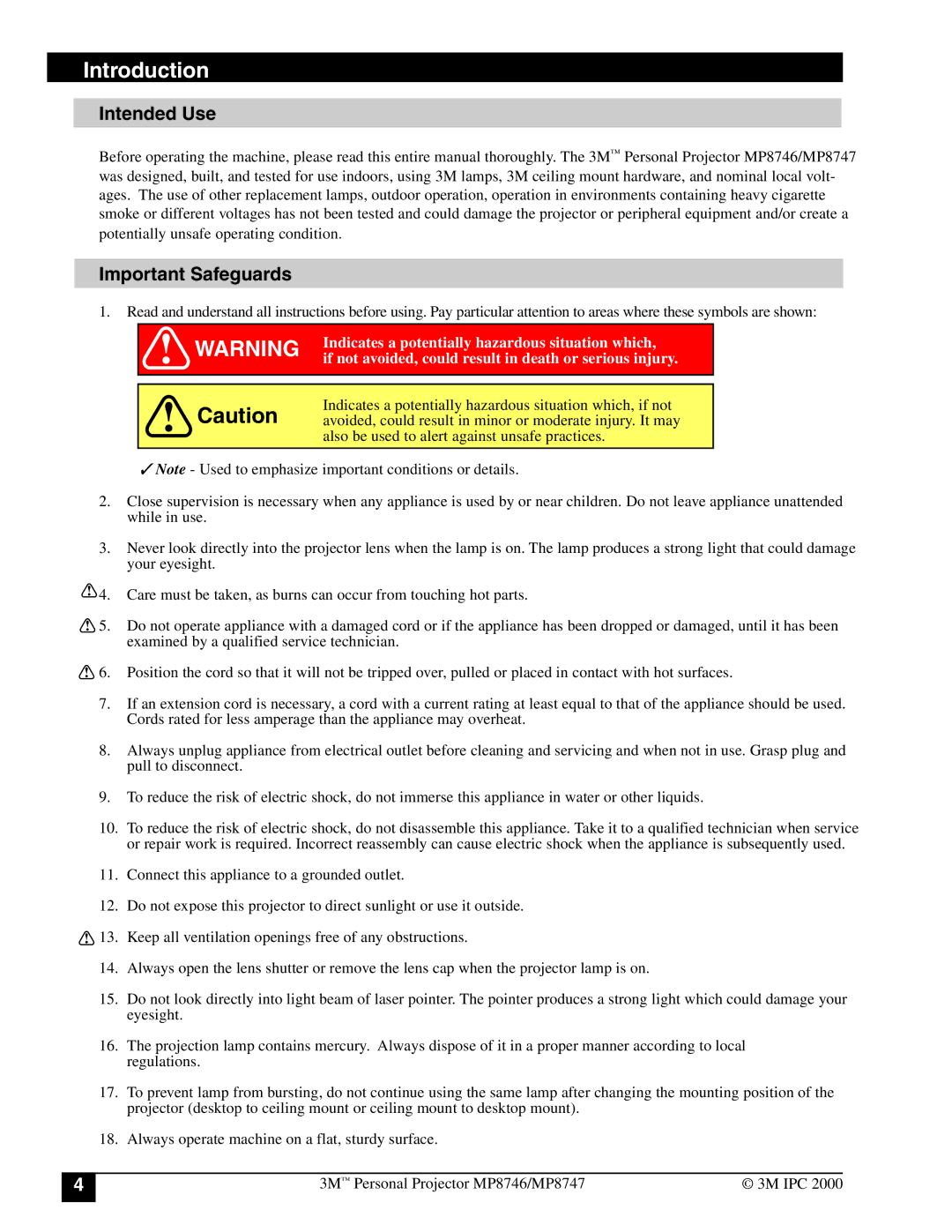 3M MP8747, MP8746 manual Introduction, Intended Use, Important Safeguards 