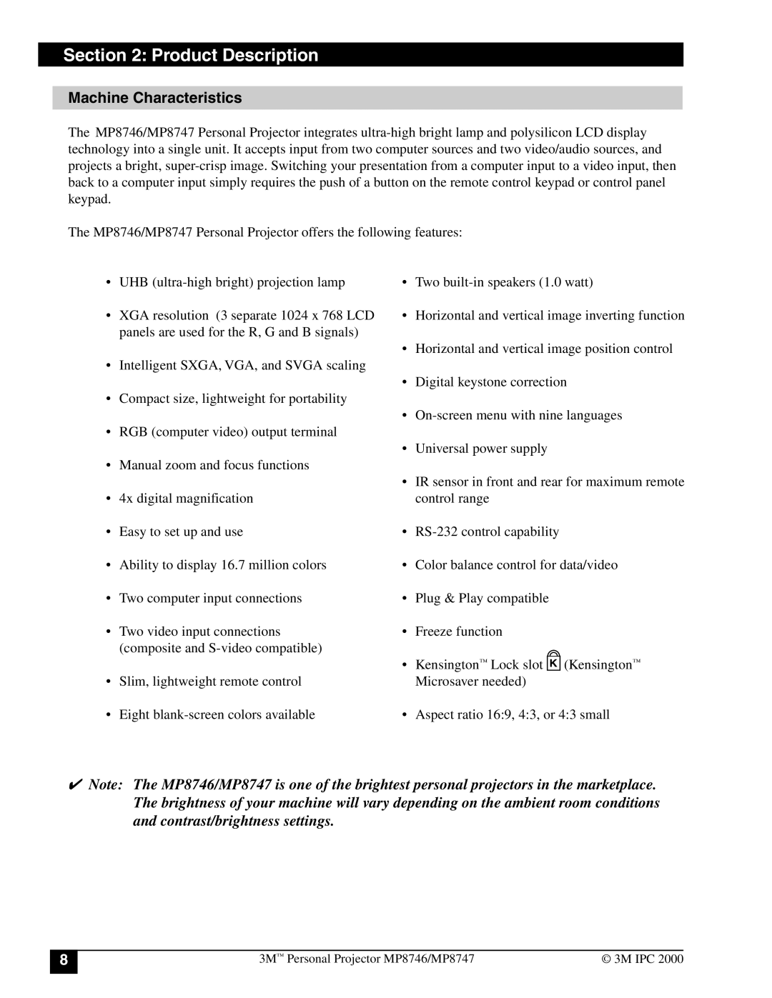 3M MP8747, MP8746 manual Product Description, Machine Characteristics 